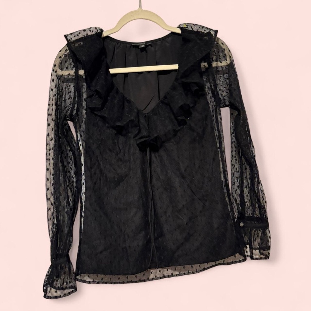 J Crew whimsy goth Swiss dot‎ ruffled black top with sheer sleeves and ruffles